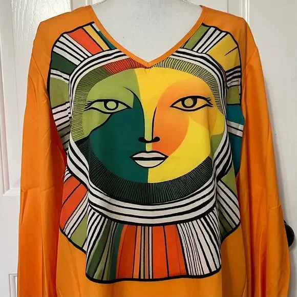 Uoozee Boho Abstract Artsy Sun Face Graphic Orange V Neck Balloon Sleeve Top - Picture 1 of 9